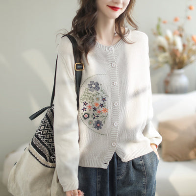 Women Retro Embroidery Casual Loose Cardigan Sep 2023 New Arrival 