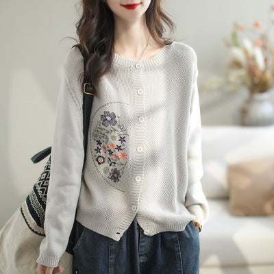 Women Retro Embroidery Casual Loose Cardigan Sep 2023 New Arrival One Size Beige 