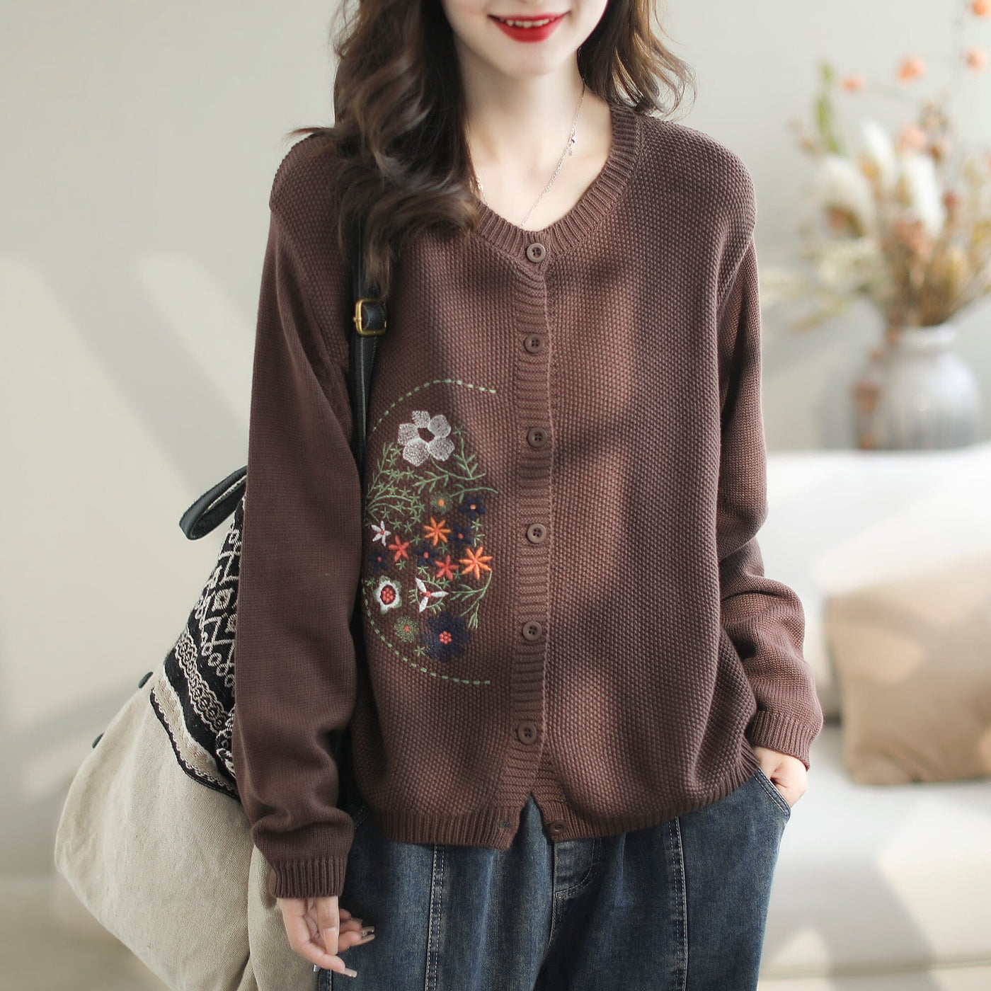 Women Retro Embroidery Casual Loose Cardigan Sep 2023 New Arrival One Size Coffee 
