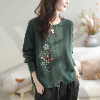 Women Retro Embroidery Casual Loose Cardigan Sep 2023 New Arrival One Size Green 