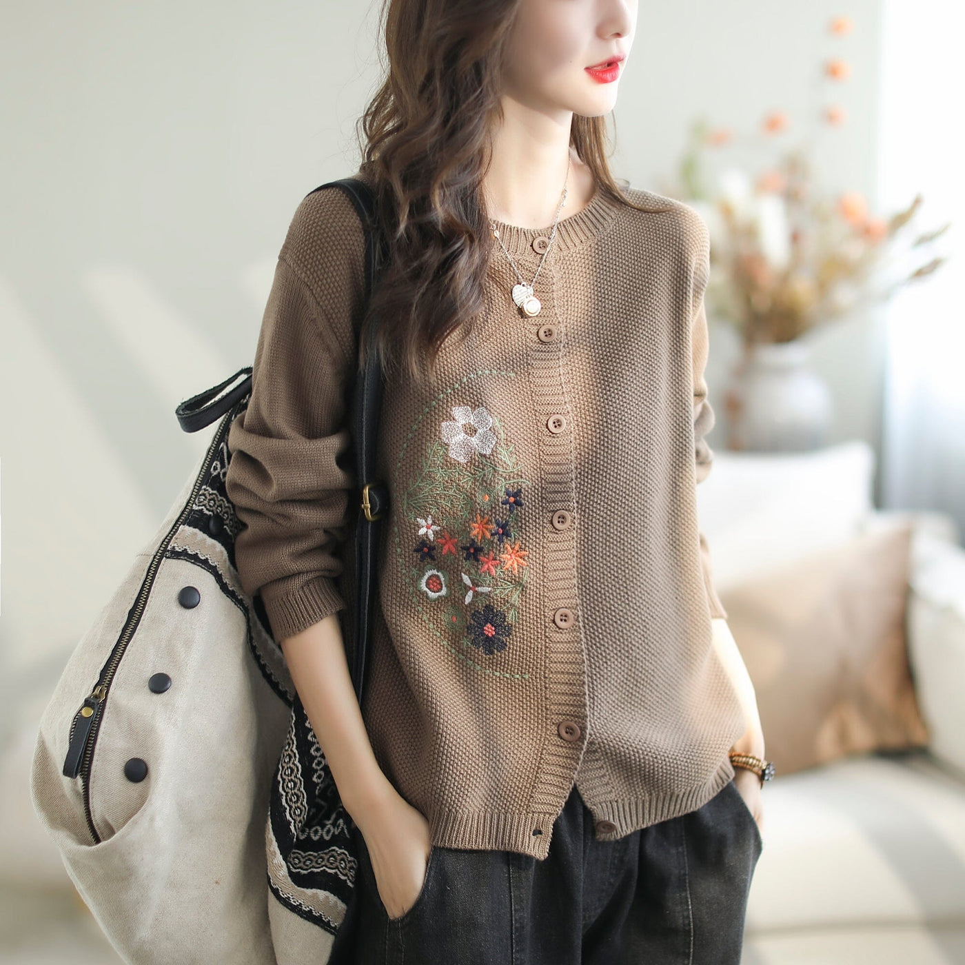 Women Retro Embroidery Casual Loose Cardigan Sep 2023 New Arrival One Size Light Coffee 