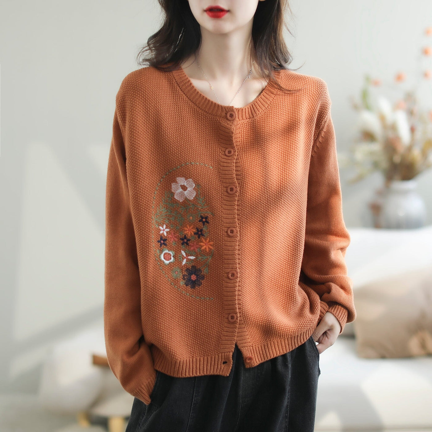 Women Retro Embroidery Casual Loose Cardigan Sep 2023 New Arrival One Size Orange 