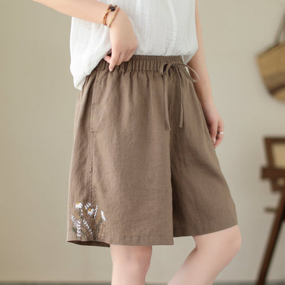 Women Retro Embroidery Casual Loose Linen Shorts