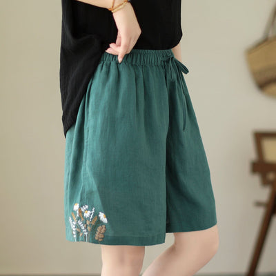 Women Retro Embroidery Casual Loose Linen Shorts