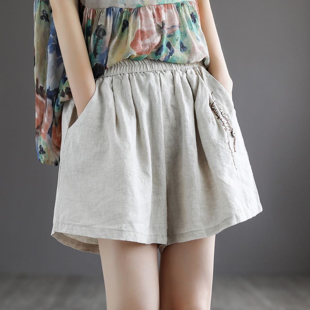 Women Retro Embroidery Linen Loose Summer Shorts