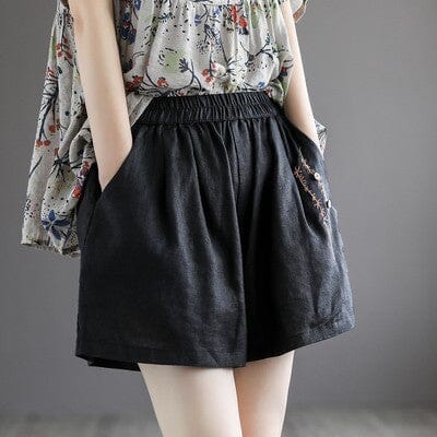 Women Retro Embroidery Linen Loose Summer Shorts Apr 2023 New Arrival Black One Size 