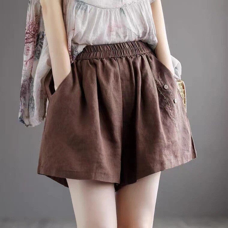 Women Retro Embroidery Linen Loose Summer Shorts Apr 2023 New Arrival Coffee One Size 