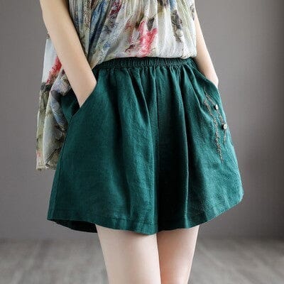 Women Retro Embroidery Linen Loose Summer Shorts Apr 2023 New Arrival Green One Size 