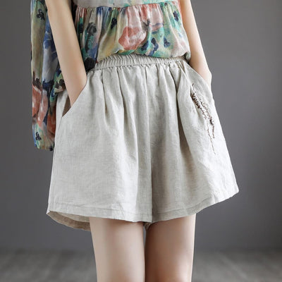 Women Retro Embroidery Linen Loose Summer Shorts Apr 2023 New Arrival Linen One Size 