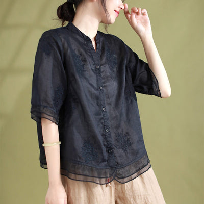 Women Retro Embroidery Loose Patchwork Blouse Jun 2023 New Arrival One Size Black 