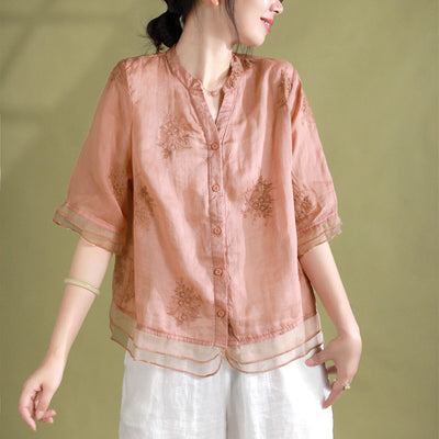 Women Retro Embroidery Loose Patchwork Blouse Jun 2023 New Arrival One Size Pink 