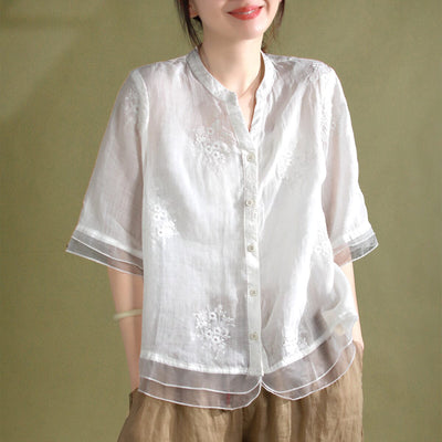 Women Retro Embroidery Loose Patchwork Blouse Jun 2023 New Arrival One Size White 