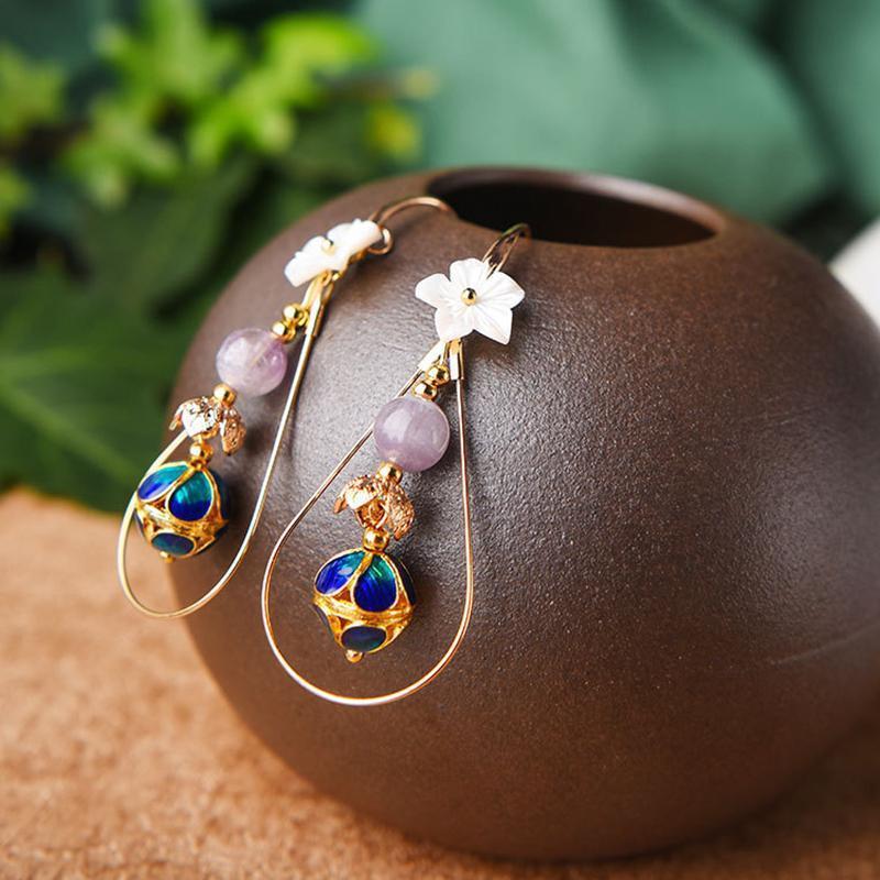 Women Retro Ethnic Shellfish Cloisonne Earrings Jewelry 