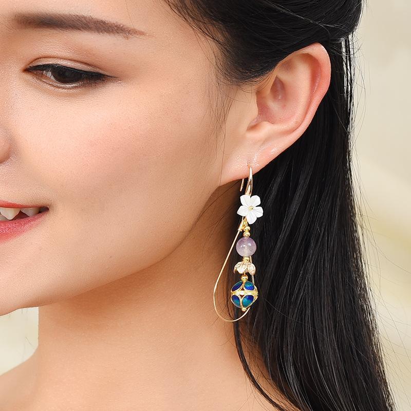 Women Retro Ethnic Shellfish Cloisonne Earrings