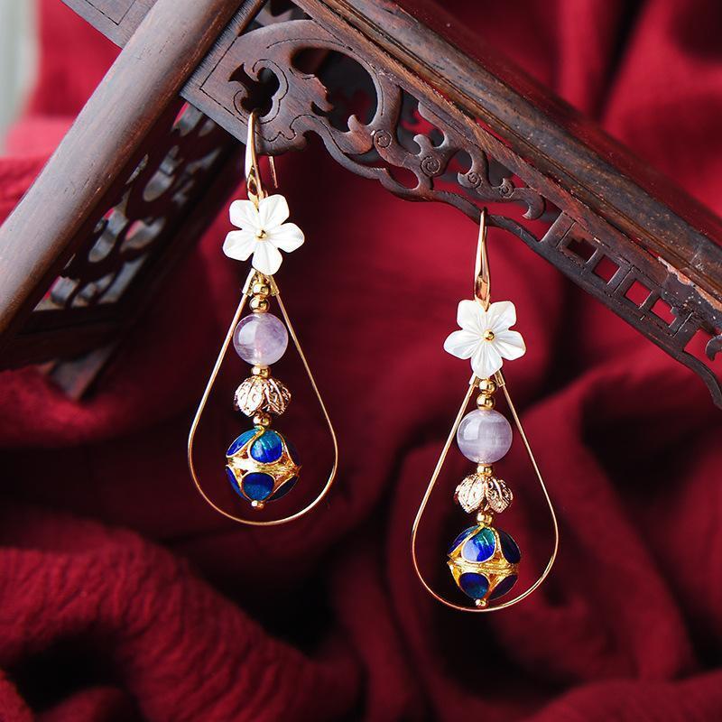 Women Retro Ethnic Shellfish Cloisonne Earrings Jewelry One Size As Picture 
