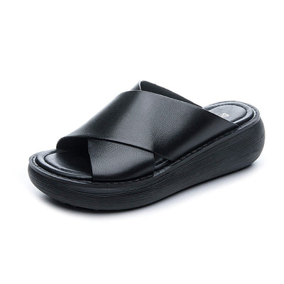 Women Retro Fashion Leather Platform Slides Slippers