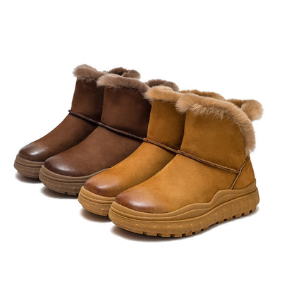 Women Retro Flat Leather Furred Winter Boots