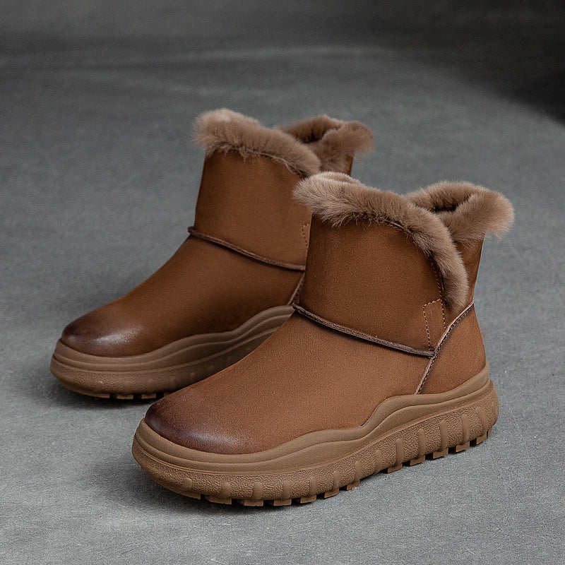 Women Retro Flat Leather Furred Winter Boots