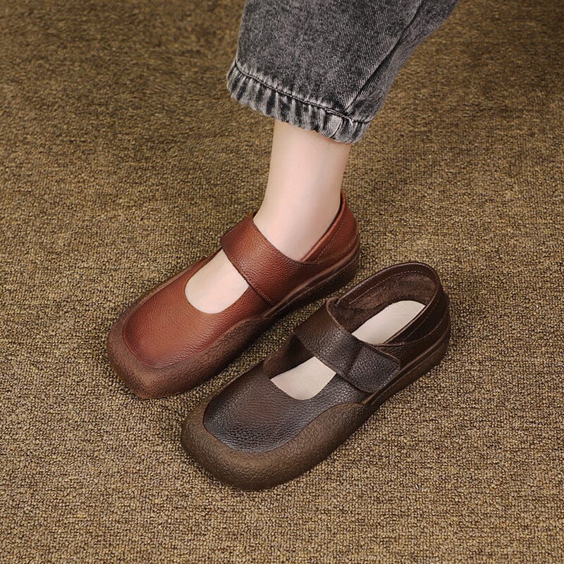 Women Retro Flat Leather Velcro Casual Shoes May 2023 New Arrival 