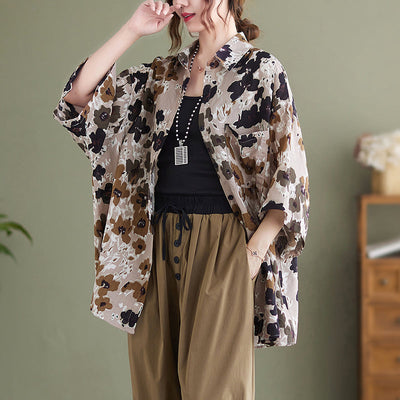 Women Retro Floral Cotton Linen Brown Long Blouse