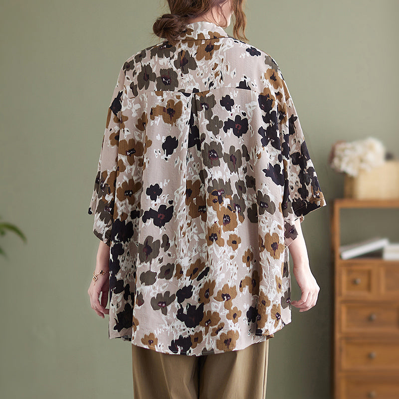 Women Retro Floral Cotton Linen Brown Long Blouse
