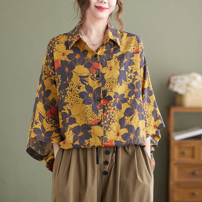 Women Retro Floral Cotton Linen Yellow Long Blouse