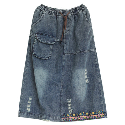Women Retro Floral Embroidery Ripped Denim Skirt