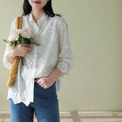 Women Retro Floral Embroidery Spring Loose Blouse