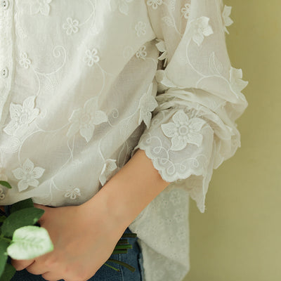 Women Retro Floral Embroidery Spring Loose Blouse