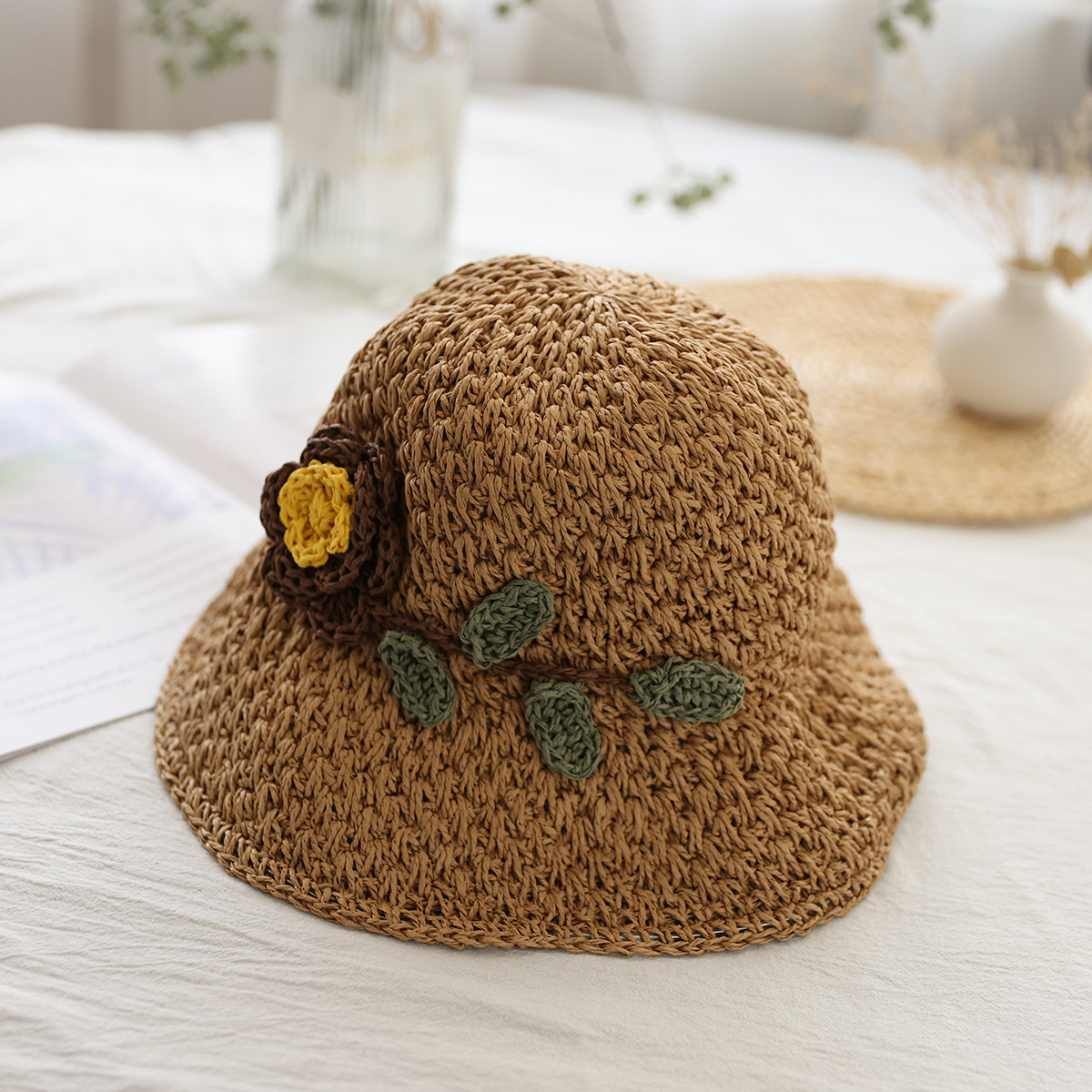 Women Retro Floral Embroidery Sun Straw Hat Jul 2022 New Arrival One Size Brown 