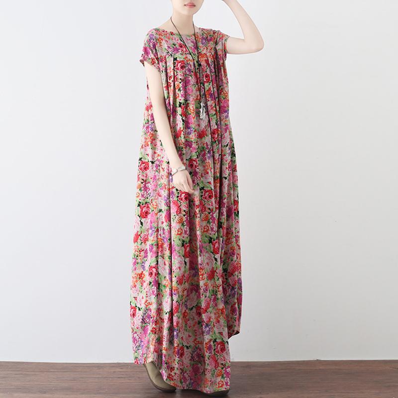 Women Retro Floral Gathered Casual Linen Maxi Short Sleeve Dress 2019 May New 