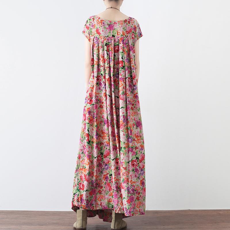 Women Retro Floral Gathered Casual Linen Maxi Short Sleeve Dress 2019 May New 