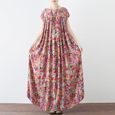 Women Retro Floral Gathered Casual Linen Maxi Short Sleeve Dress 2019 May New One Size Floral 