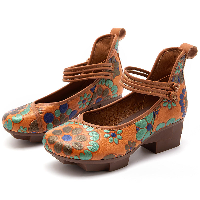 Women Retro Floral Leather Casual Wedge Loafers