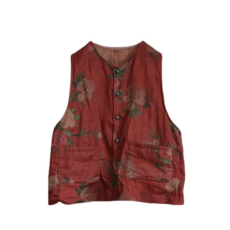 Women Retro Floral Linen Single-Breasted Vest