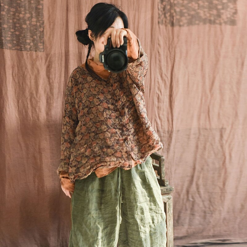 Women Retro Floral Loose Linen Blouse Aug 2023 New Arrival Brown One Size 