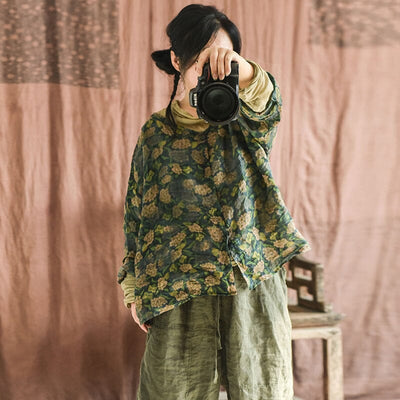 Women Retro Floral Loose Linen Blouse Aug 2023 New Arrival Green One Size 