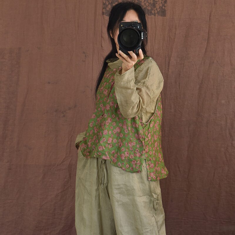 Women Retro Floral Printed Ramie Vest