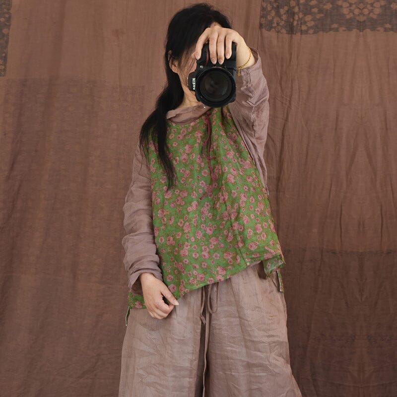 Women Retro Floral Printed Ramie Vest