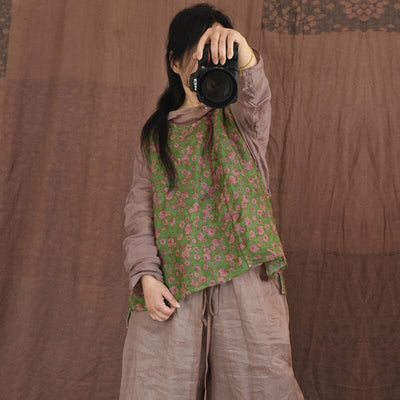 Women Retro Floral Printed Ramie Vest
