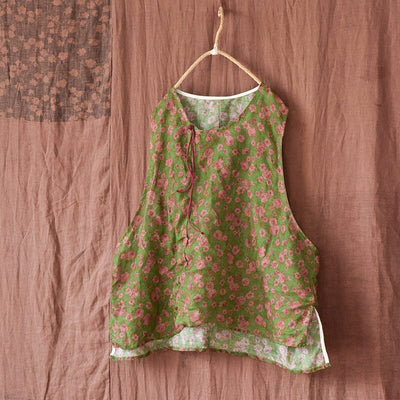 Women Retro Floral Printed Ramie Vest