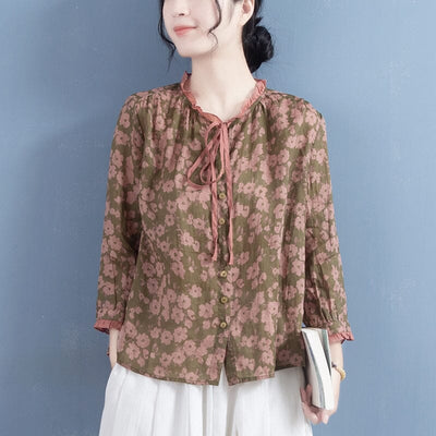 Women Retro Floral Printed Loose Linen Blouse