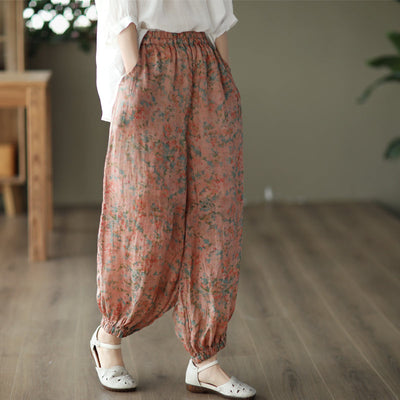 Women Retro Floral Summer Loose Linen Pants