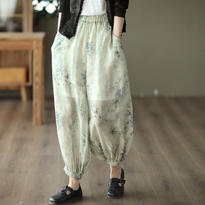 Women Retro Floral Summer Loose Linen Pants May 2022 New Arrival One Size Green 