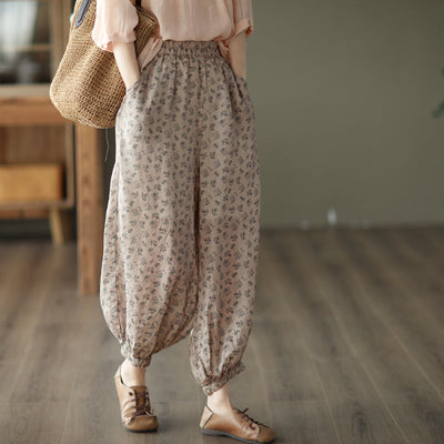 Women Retro Floral Summer Loose Linen Pants May 2022 New Arrival One Size Khaki 