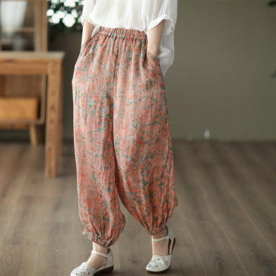 Women Retro Floral Summer Loose Linen Pants May 2022 New Arrival One Size Orange 