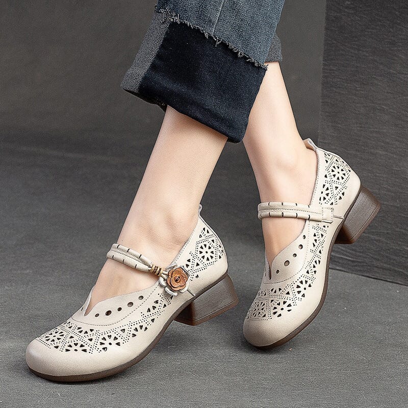 Women Retro Hollow Leather Low Chunky Heel Casual Shoes