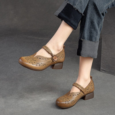 Women Retro Hollow Leather Low Chunky Heel Casual Shoes Jul 2023 New Arrival 