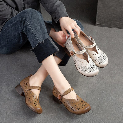 Women Retro Hollow Leather Low Chunky Heel Casual Shoes Jul 2023 New Arrival 