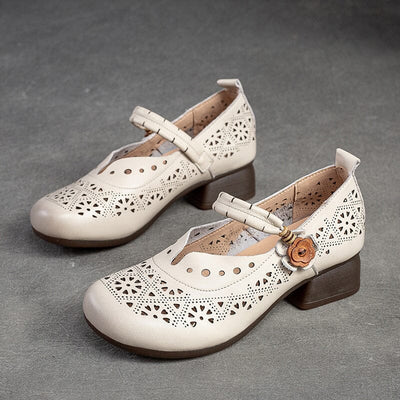 Women Retro Hollow Leather Low Chunky Heel Casual Shoes